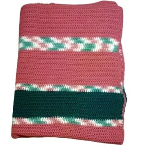Hand Made Pink Green Print Crocheted Throw Blanket 58x76